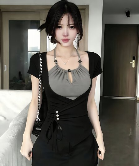순수한 욕망 핫걸 바람 페이크 레이어드 반팔 티셔츠 여성 2026 여름 새로운 몸매 가꾸기 슬림해 보이는 디자인 센스 검정색 맨위