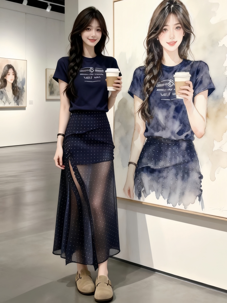 여름 일본과 한국 부서 ootd 착용 가져 가라. 품격 작은 키 연령 감소 캐주얼 해군 맨위 도트 무늬 반신 치마 세트 여성