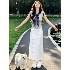 批发气质女士丝巾灰色无袖背心上衣<b class='q'>包臀</b><b class='q'>半身</b>裙长款独特漂亮夏装两件套