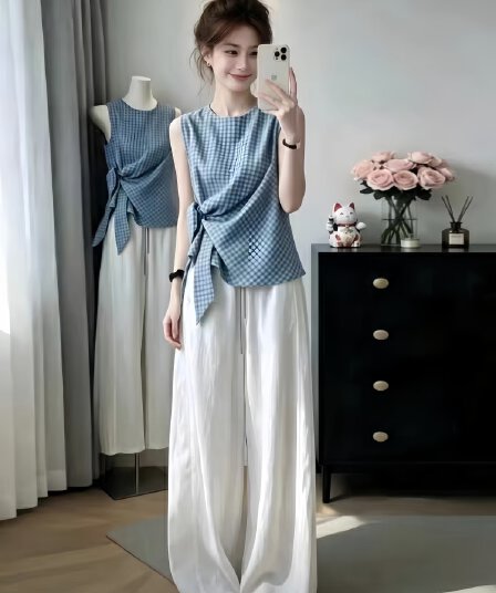 한 부서 자이언트 잘 생긴 ootd 착용 가져 가라. 전체 집합 2026 새로운 민소매 체크무늬 맨위 와이드 레그 팬츠 투피스 세트 세트