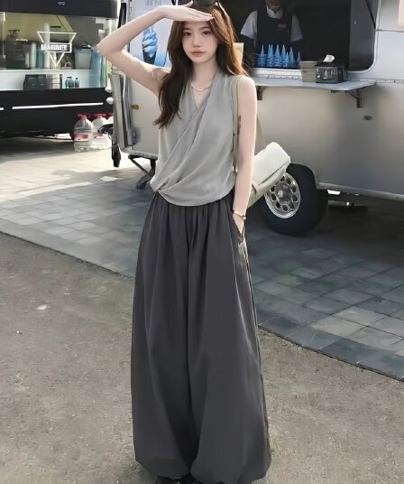 한 부서 자이언트 잘 생긴 ootd 착용 가져 가라. 에이즈 환자 여성 세트 2026 새로운 민소매 행침 목 맨위 와이드 레그 팬츠 투피스 슈트