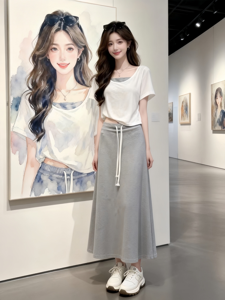 韩系减龄短袖小上衣吊带套装女夏新款休闲a字显瘦半身裙三件套潮  服裝批發女裝批發服飾貨源