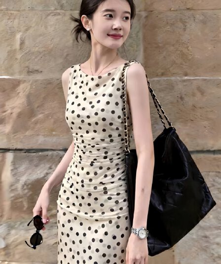 프랑스식 레트로 도트 무늬 조끼 여성 드레스 여름 새로운 디자인 센스 허리 수축 슬림해 보이는 품격 민소매 길다 치마