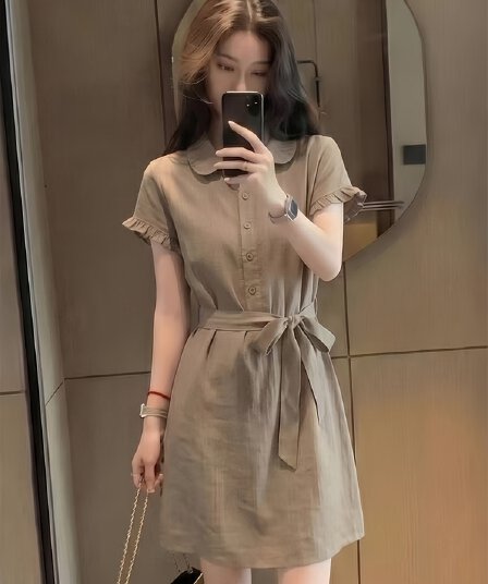 2026 새로운 품격 슈퍼 화재 아름다운 여성 여름 폴로 칼라 허리 수축 디자인 센스 아니요 명중 섹션 반팔 셔츠 드레스