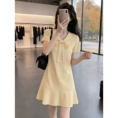批发夏日气质特别漂亮小裙子女黄色蝴蝶结短袖收腰a字蕾丝绝美<b class='q'>连衣裙</b>