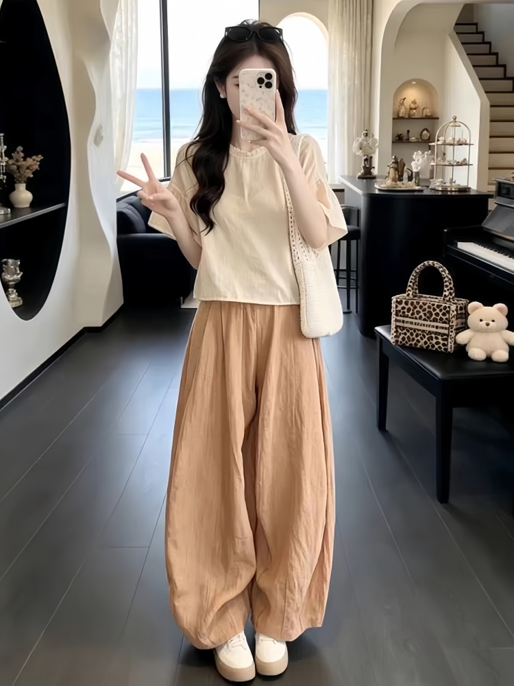 夏日绝美杏色上衣套装女夏季2026年新款小个子巨好看漂亮两件套装