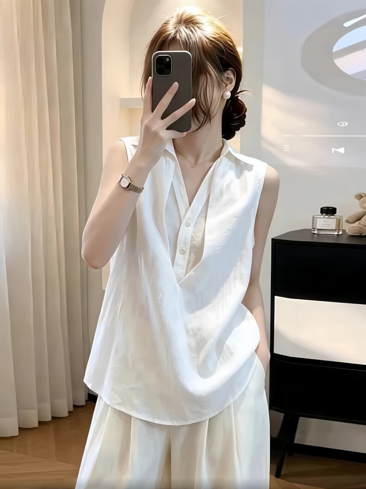 白色肌理感假两件无袖衬衫女2026新款夏季法式上衣老钱风通勤穿搭