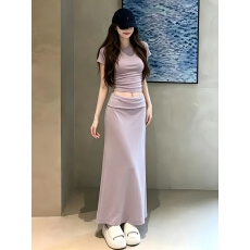 批发夏日减龄漂亮一整套穿搭女紫色露脐紧身短袖上衣包臀长裙两件套装