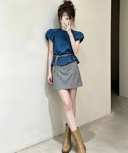 2026 여름 새로운 한 부서 자이언트 잘 생긴 ootd 착용 가져 가라. 품격 파란색 맨위 반신 스커트 투피스 세트 세트 트렌디
