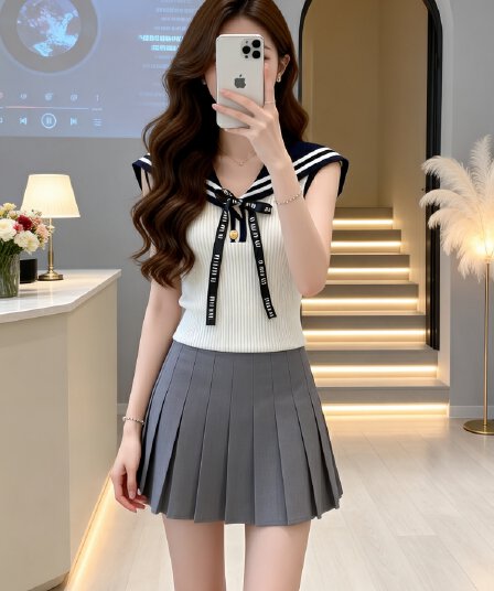 여름 한 부서 외국 가스 연령 감소 해군 칼라 민소매 맨위 가져 가라. 캐주얼 다용도 하이웨이스트 플리츠 스커트 두 조각 여성 세트