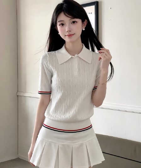 2026 새로운 한 부서 에이즈 환자 여성 세트 여름 품격 연령 감소 POLO 칼라 니트 맨위 플리츠 미니 스커트 투피스 세트