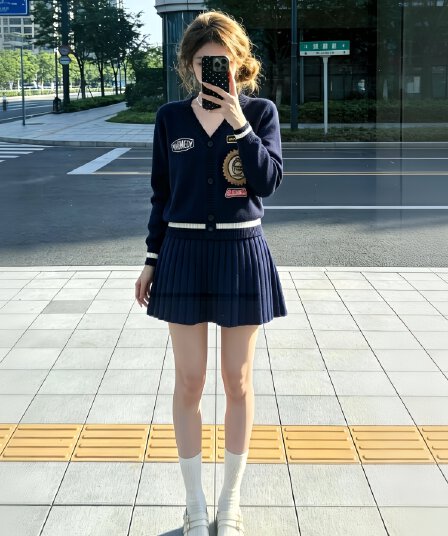 작은 샤넬 스타일 세트 여성 2026 새로운 진한 파란색 V넥 니트 오픈 가디건 플리츠 스커트 슬림해 보이는 품격 투피스 세트 트렌디