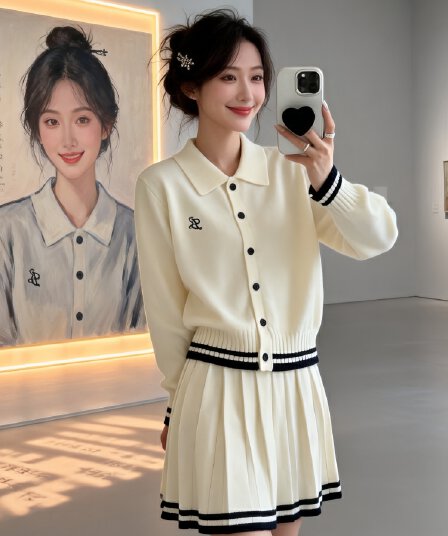 2026 슈퍼 화재 가을 겨울 전체 집합 한 부서 학원 스타일 디자인 센스 긴팔 니트 오픈 가디건 플리츠 미니 스커트 투피스 세트