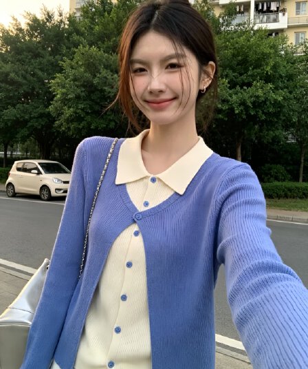 배색 페이크 레이어드 POLO 칼라 긴팔 니트 스웨터 여성 가을 새로운 따뜻한 부드럽다 찹쌀 품격 몸매 가꾸기 슬림해 보이는 맨위