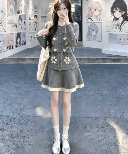 가을 겨울 ootd 착용 가져 가라. 전체 집합 디자인 센스 소뿔 버클 회색 니트 오픈 가디건 반신 스커트 자이언트 잘 생긴 투피스 세트