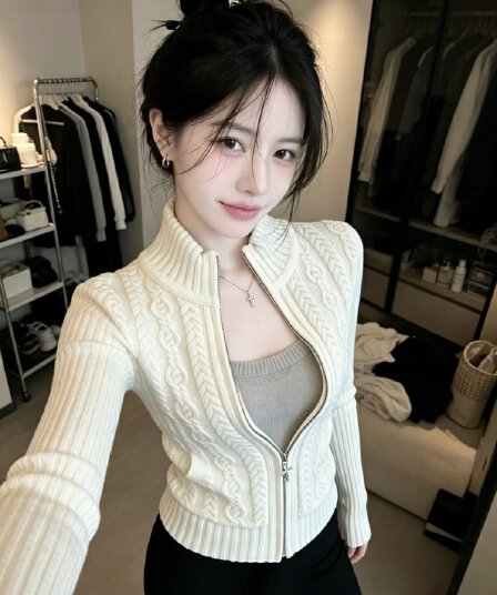 지퍼 꽈배기 니트 오픈 가디건 여성 2026 가을 겨울 새로운 몸매 가꾸기 스탠드 칼라 스웨터 고급 센스 반하이넥 맨위 트렌디