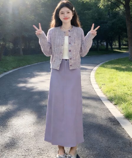 2026 가을 겨울 착용 가져 가라. 세트 여성 달콤함 부드러운 슈퍼 잘 생긴 보라색 니트 오픈 가디건 슬립 반신 스커트 3종 세트
