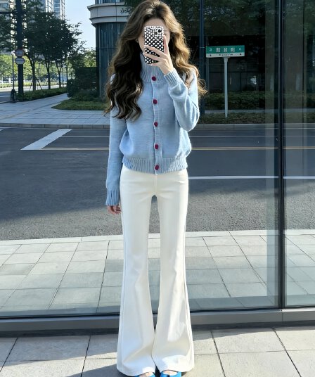착용 가져 가라. 전체 집합 고급 센스 로얄 자매 빛 요리 한 작은 대중 아니요 명중 섹션 니트 오픈 가디건 부츠컷 청바지 두 조각 여성 세트