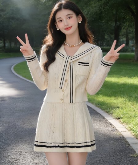 한 부서 학원 스타일 자이언트 잘 생긴 아름다운 ootd 착용 가져 가라. 전체 집합 해군 칼라 니트 스웨터 미니 스커트 두 조각 여성