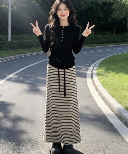 품격 전체 집합 ootd 착용 가져 가라. 여성 2026 가을 겨울 새로운 품격 몸매 가꾸기 니트 스웨터 스트라이프 반신 치마 세트