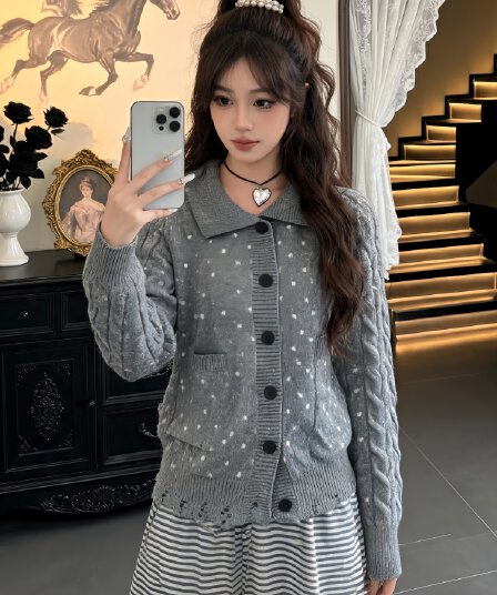 가을 겨울 새로운 한 부서 연령 감소 부드러운 바람 배색 도트 무늬 폴로 칼라 니트 오픈 가디건 느긋한 센스 몸매 가꾸기 스웨터 코트