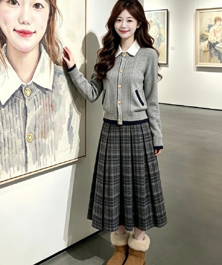 2026 자이언트 잘 생긴 ~ 중 연령 감소 아름다운 착용 코디 전체 집합 슈퍼 화재 니트 스웨터 체크무늬 반신 스커트 투피스 슈트