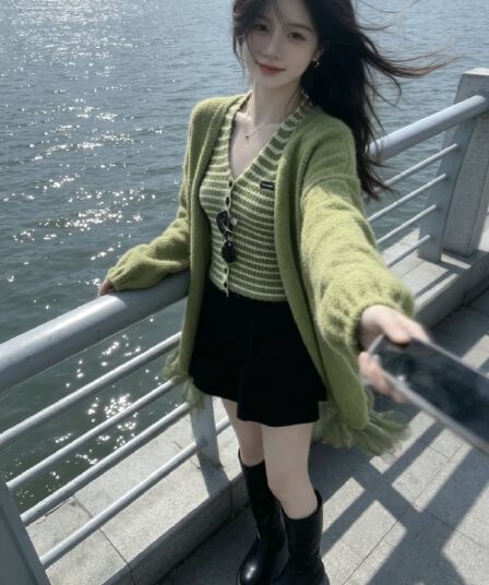 느긋한 바람 품격 스트라이프 행침 목 민소매 조끼 니트 오픈 가디건 2026 가을 겨울 새로운 아름다운 맨위 투피스 세트