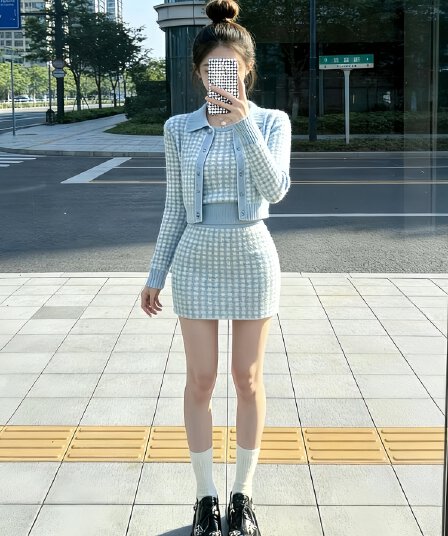 가을 겨울 ootd 착용 가져 가라. 전체 집합 작은 키 고유 한 아름다운 작은 샤넬 스타일 조끼 맨위 스웨터 반신 치마 세트