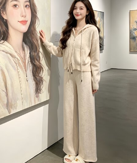 가을 겨울철 전체 집합 착용 가져 가라. 고급 센스 한 부서 부드러운 바람 자이언트 잘 생긴 ~ 중 니트 오픈 가디건 캐주얼 바지 투피스 세트