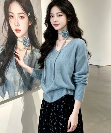 한 부서 작은 키 리본 꽃 V넥 니트 스웨터 여성 2026 가을 겨울 새로운 루즈핏 슬림해 보이는 다용도 맨위 트렌디
