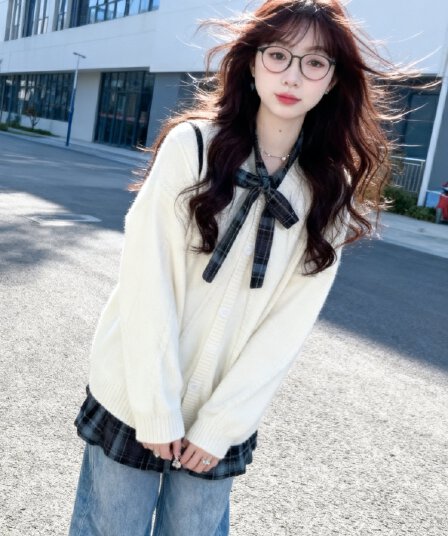 한 부서 체크무늬 나비 넥타이 페이크 레이어드 니트 오픈 가디건 여성 가을 겨울 루즈핏 느긋한 스웨터 맨위 재킷 트렌디