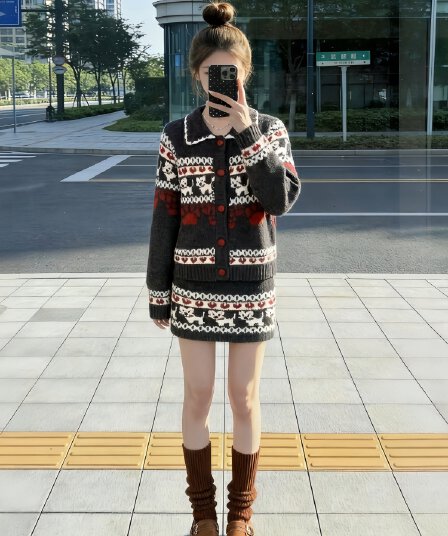 한 부서 느긋한 바람 착용 가져 가라. 전체 집합 2026 가을 겨울 새로운 분위기 센스 공정한 섬 니트 스웨터 미니 스커트 세트