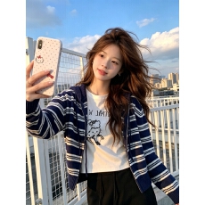 批发韩系条纹双拉链针织<b class='q'>上衣</b>外套女2026秋冬<b class='q'>新款</b>设计感宽松连帽毛衣潮
