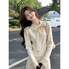 批发2026秋冬新款女法式蕾丝系带蝴蝶结<b class='q'>针织衫</b>上衣显瘦时髦毛衣外套潮