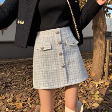 批发实拍~小香风毛呢半身裙秋冬2025秋款高腰格子A字裙ins超火短裙子