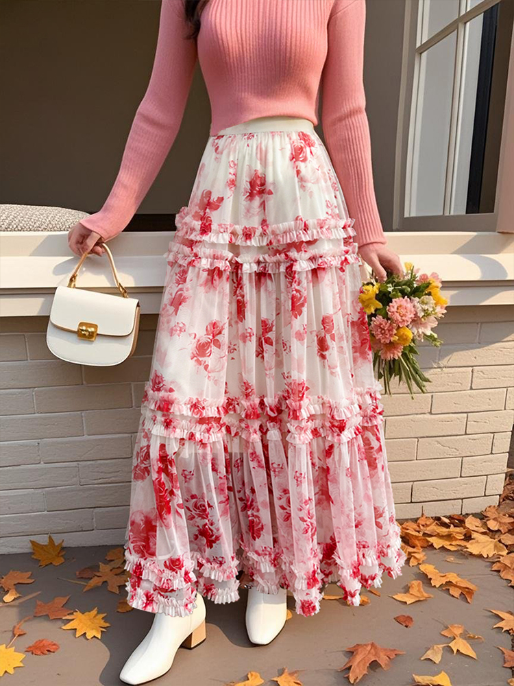 FA33755# 浪漫花朵印染褶皱网纱长裙度假风褶皱仙女高个子纱纱半身裙子 服裝批發女裝批發服飾貨源