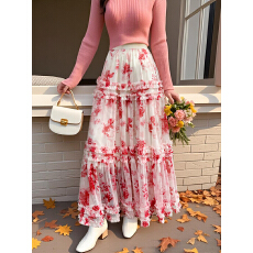 批发实拍浪漫花朵印染褶皱网纱长裙度假风褶皱仙女高个子纱纱半身裙子