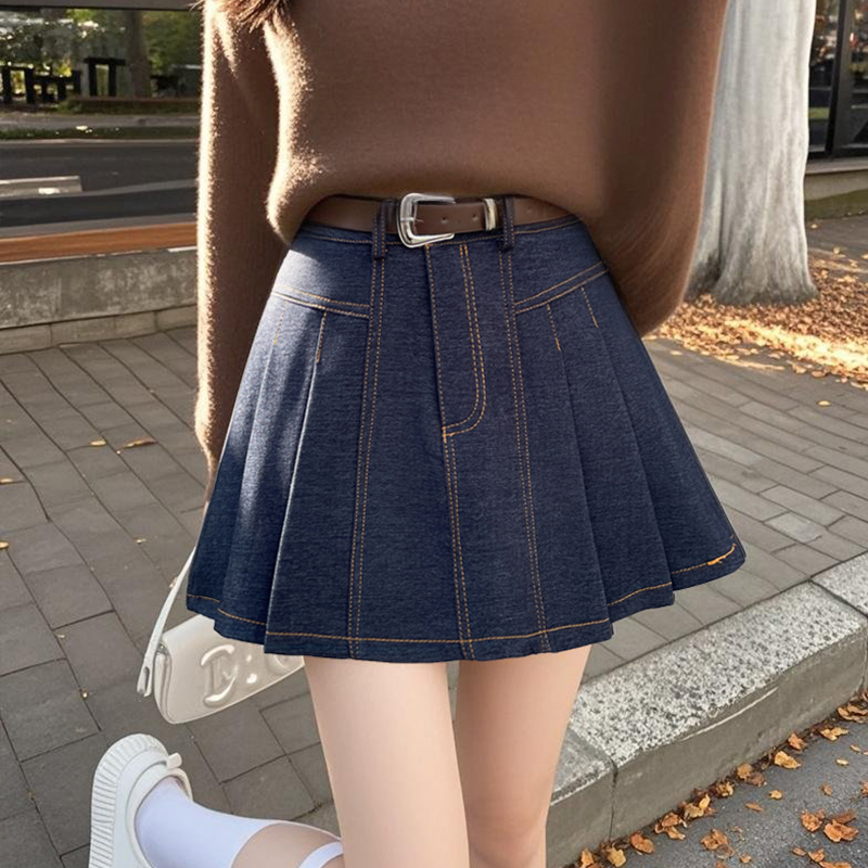 FA36810# 复古做旧辣妹减龄明线仿牛仔百褶短裙女秋休闲a字防走光半身裙子 服裝批發女裝批發服飾貨源