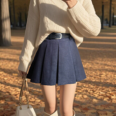 批发实拍配皮带高腰牛仔百褶裙女防走光2025秋<b class='q'>冬</b>韩版百搭A字半身裙子