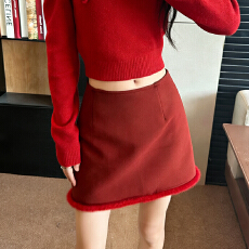 批发实拍复古红色a字高腰毛呢半身裙女毛毛下摆<b class='q'>时尚</b>设计感包臀短裙子