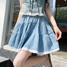 批发实拍蕾丝春夏新款<b class='q'>蓬蓬</b>裙牛仔蛋糕裙超短辣妹高腰小个子半身裙女生