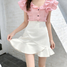 批发实拍~鱼尾裙女新款半身裙复古高腰a字荷叶边辣妹性感包臀短裙裤子