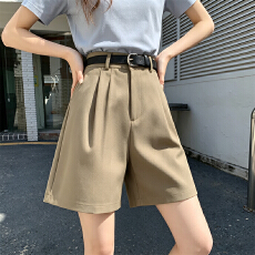 批发实拍卡其色西装短裤<b class='q'>女</b>夏季高腰显瘦宽松直筒休闲中裤阔腿五分裤子