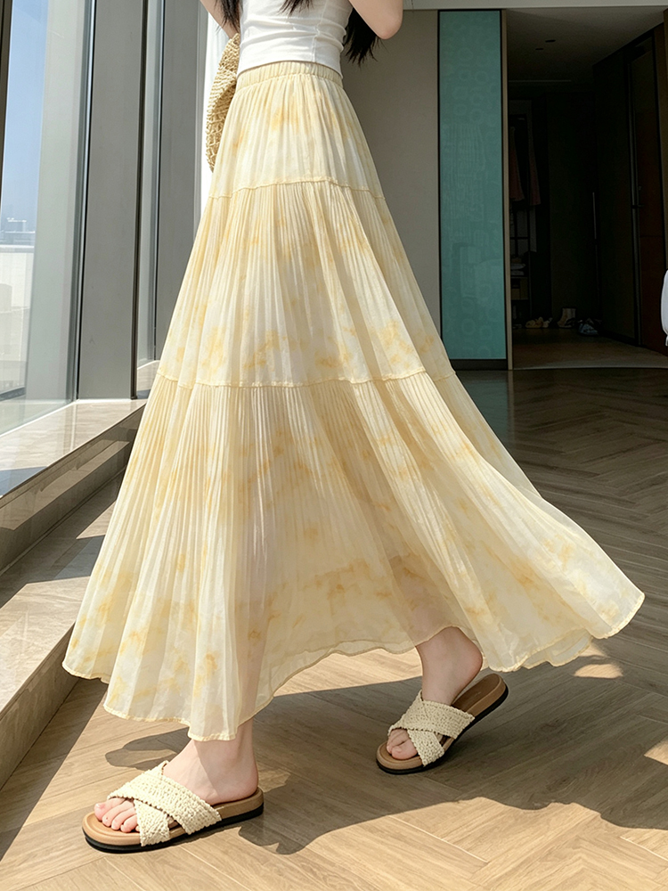 실사 봄 여름 새로운 프랑스식 낭만주의 수묵화 염색 반신 스커트 슈퍼 요정 아름다운 플리츠 롱 코트 큰 진자 거즈 스커트
