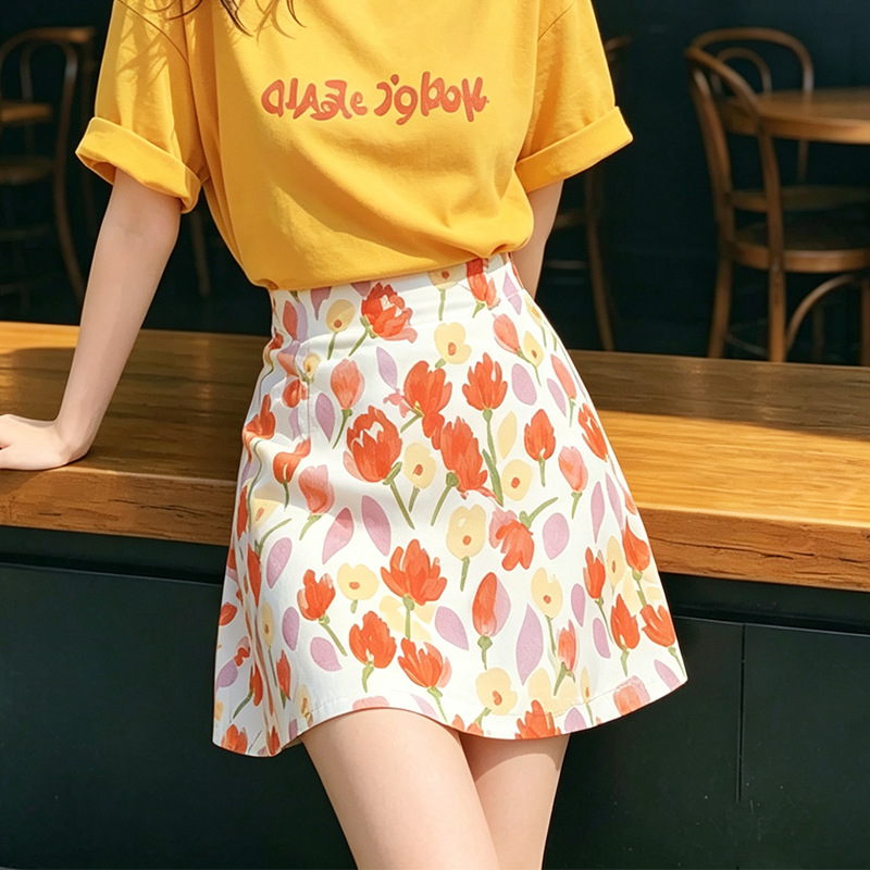 실사 여름 해변가 휴가 바람 유화 프린트 한 마디 반신 스커트 튤립 활력 센스 아름다운 타이트 스커트 트렌디