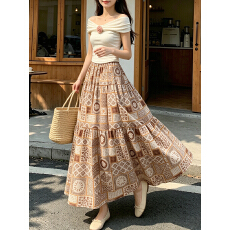 批发实拍垂坠感显瘦优雅印花<b class='q'>复古</b>半身裙女夏日薄款高腰大摆裙百褶长裙