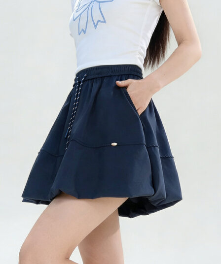 실사 야마모토 펌프 로프 워크웨어 꽃밭 치마바지 여성 아메리칸 하이웨이스트 밴딩 반신 스커트 퍼프 랜턴 운동 미니 스커트