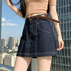 批发实拍复古深蓝<b class='q'>牛仔</b>短裙女2026夏季高腰A字半身裙<b class='q'>包臀裙</b>子 配腰带