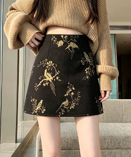 실사 품격 출퇴근 미니멀리즘 다용도 레트로 국풍 자수 까치 자카드 타이트 스커트 작은 키 하이웨이스트 미니 스커트