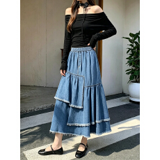 批发实拍大码女装<b class='q'>春</b>季胖MM时尚宽松显瘦流苏拼接牛仔大摆裙百褶长裙子